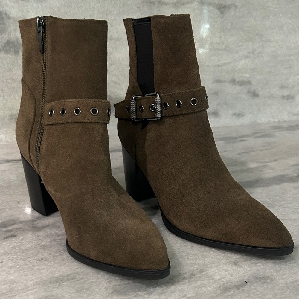 Nine West army green suede Ankle Booties w Buckle Detail like new never worn 6.5